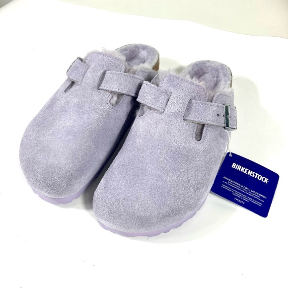 Birkenstock Boston Shearling Suede Clogs Purple Fog - Picture 12 of 17
